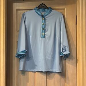 Gretchen Scott Light Blue Women’s Shirt with Striped Accents